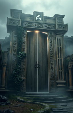 A massive ancient gate adorned with intricate runes, surrounded by detailed ruins that evoke a sense of lost history