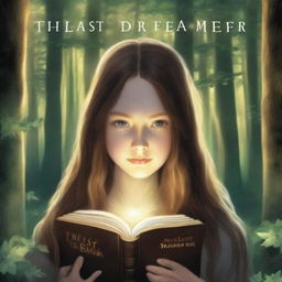 An artistic, high-resolution image depicts a girl with long brown hair in a forest, holding a book and surrounded by a ring of light