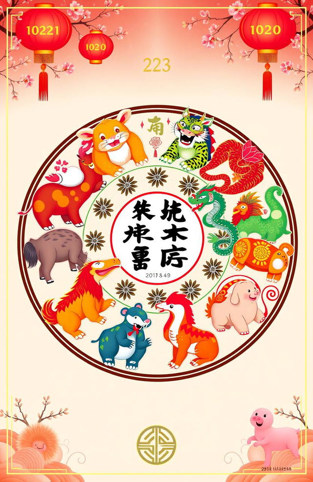 A vibrant illustration showcasing the twelve animals of the Chinese Zodiac, arranged in a circular formation