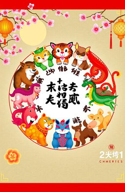 A vibrant illustration showcasing the twelve animals of the Chinese Zodiac, arranged in a circular formation