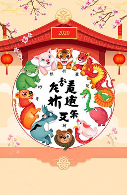 A vibrant illustration showcasing the twelve animals of the Chinese Zodiac, arranged in a circular formation