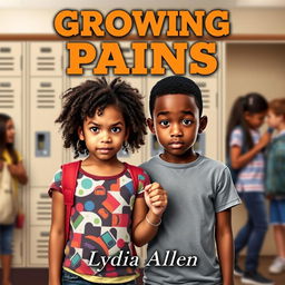 A realistic book cover for "Growing Pains" by Lydia Allen, showcasing two kids around 12 years old holding hands and looking directly into the camera with a confident yet slightly nervous expression