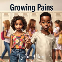 A realistic book cover for "Growing Pains" by Lydia Allen, showcasing two kids around 12 years old holding hands and looking directly into the camera with a confident yet slightly nervous expression