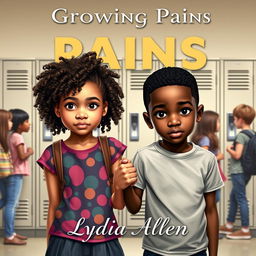 A realistic book cover for "Growing Pains" by Lydia Allen, showcasing two kids around 12 years old holding hands and looking directly into the camera with a confident yet slightly nervous expression