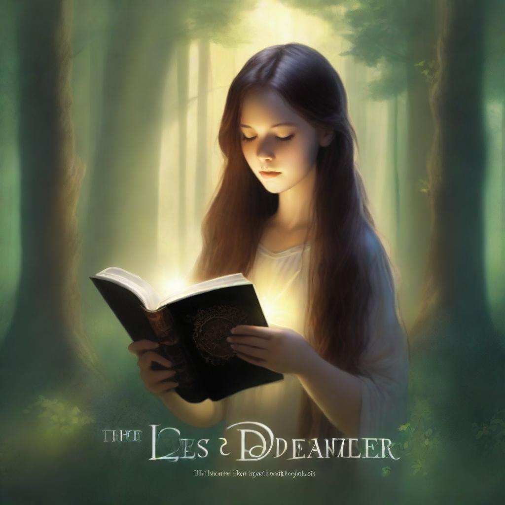 An artistic, high-resolution image depicts a girl with long brown hair in a forest, holding a book and surrounded by a ring of light