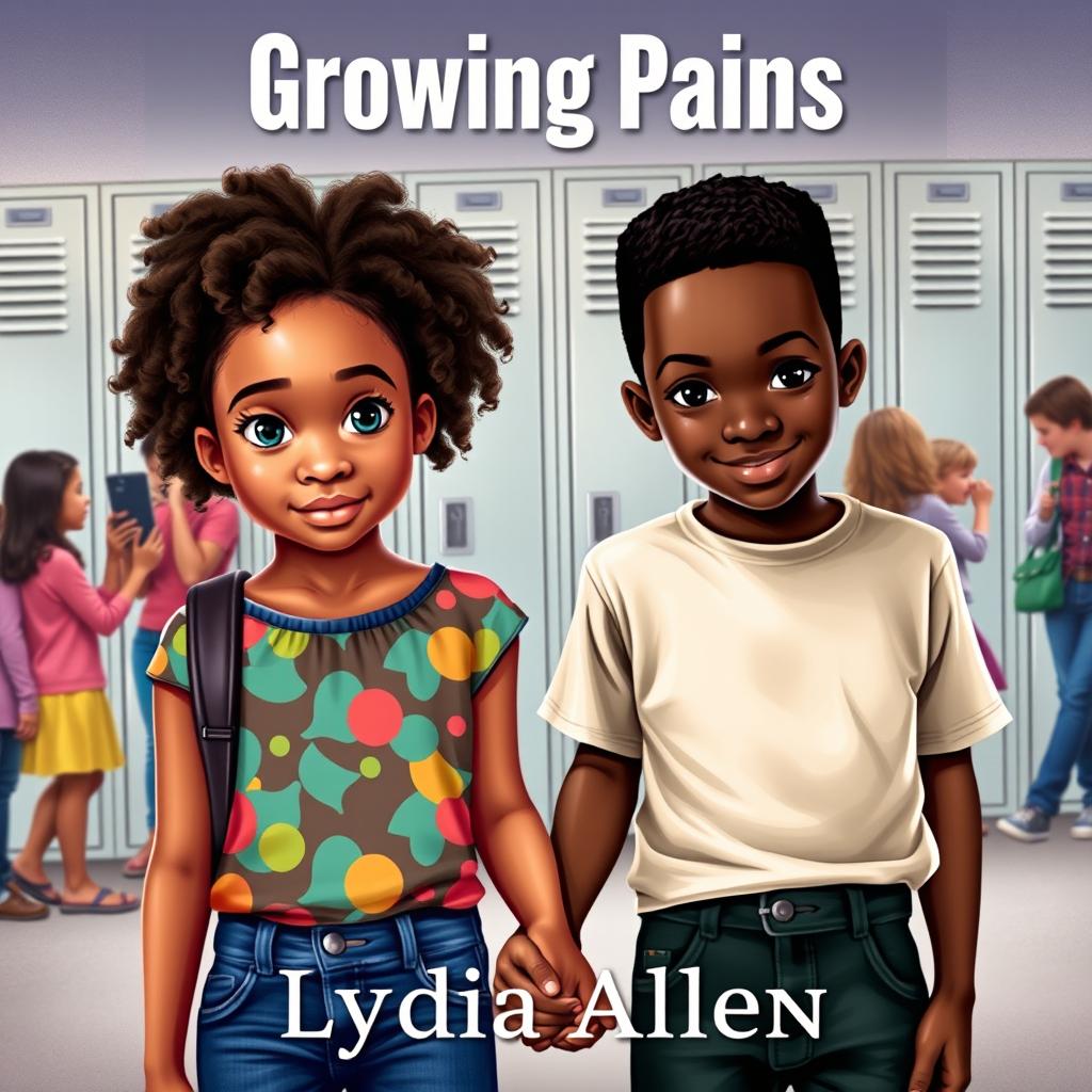A realistic book cover for "Growing Pains" by Lydia Allen, showcasing two kids around 12 years old holding hands and looking directly into the camera with a confident yet slightly nervous expression