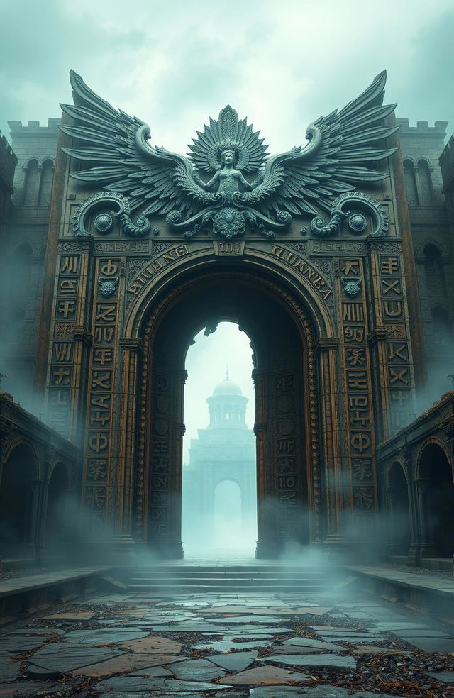 A massive ancient angelic gate adorned with intricate runes, surrounded by weathered ruins, shrouded in a mystical fog