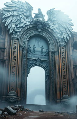 A massive ancient angelic gate adorned with intricate runes, surrounded by weathered ruins, shrouded in a mystical fog