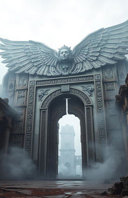 A massive ancient angelic gate adorned with intricate runes, surrounded by weathered ruins, shrouded in a mystical fog