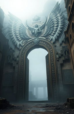 A massive ancient angelic gate adorned with intricate runes, surrounded by weathered ruins, shrouded in a mystical fog