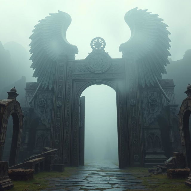 A massive ancient angelic gate adorned with intricate runes, set against a backdrop of weathered ruins