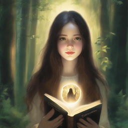 An artistic, high-resolution image depicts a girl with long brown hair in a forest, holding a book and surrounded by a ring of light