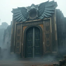 A massive ancient angelic gate adorned with intricate runes, set against a backdrop of weathered ruins