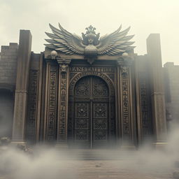 A massive ancient angelic gate adorned with intricate runes, set against a backdrop of weathered ruins