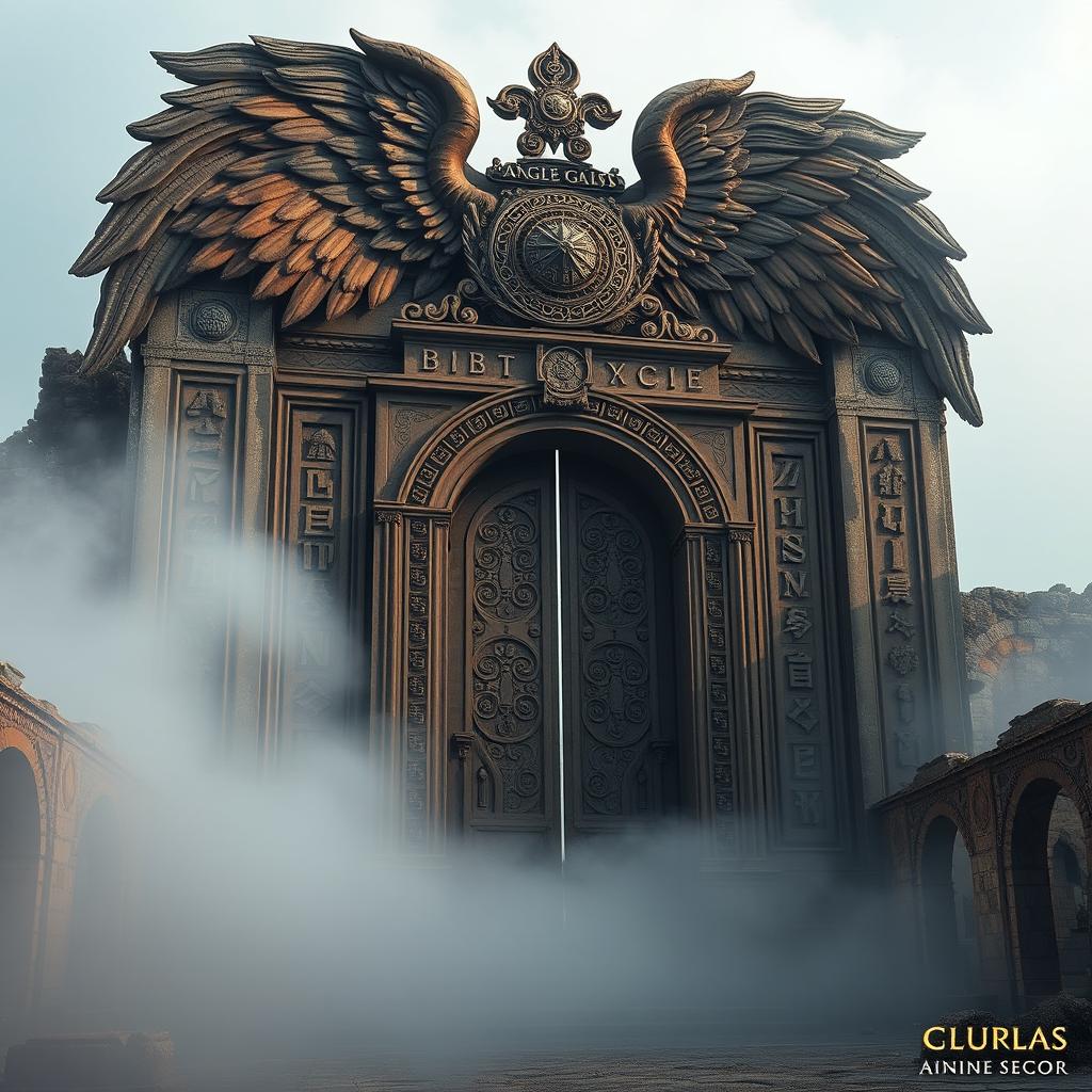 A massive ancient angelic gate adorned with intricate runes, set against a backdrop of weathered ruins