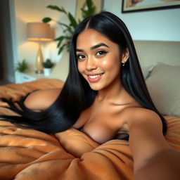A young woman with long, sleek black hair, lying on a plush bed with soft, warm-toned bedding