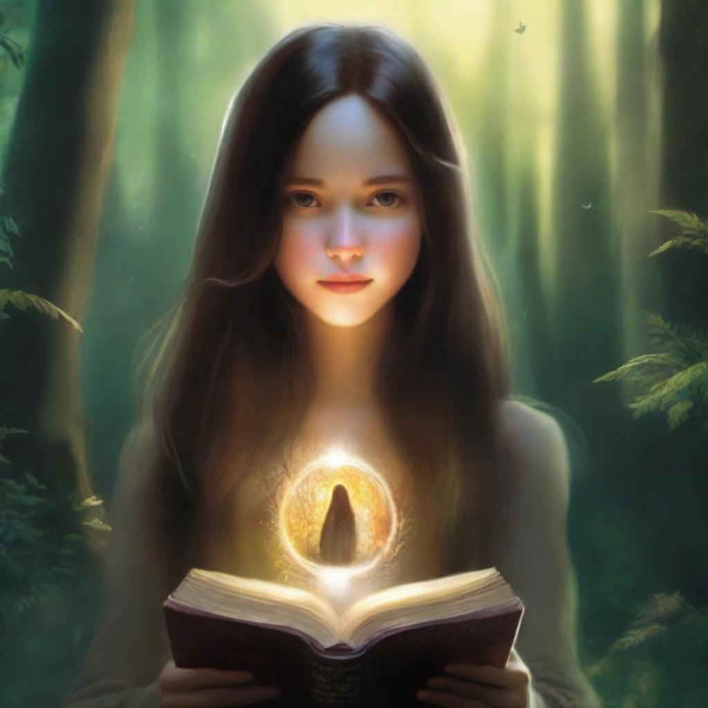 An artistic, high-resolution image depicts a girl with long brown hair in a forest, holding a book and surrounded by a ring of light