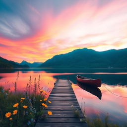 A serene landscape featuring a majestic sunset over a calm lake, surrounded by lush green mountains