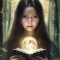 An artistic, high-resolution image depicts a girl with long brown hair in a forest, holding a book and surrounded by a ring of light