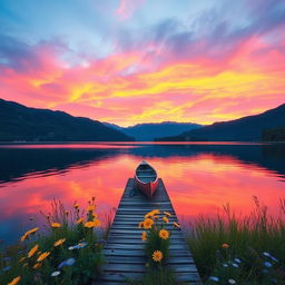 A serene landscape featuring a majestic sunset over a calm lake, surrounded by lush green mountains