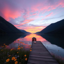 A serene landscape featuring a majestic sunset over a calm lake, surrounded by lush green mountains