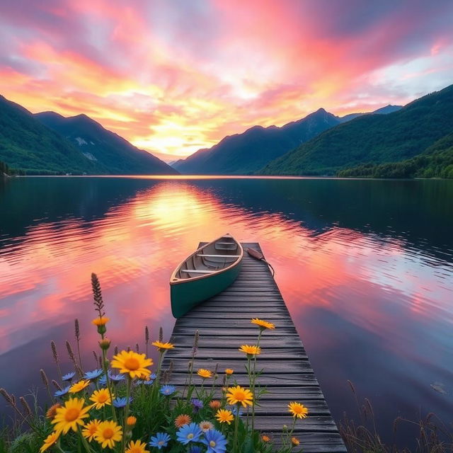 A serene landscape featuring a majestic sunset over a calm lake, surrounded by lush green mountains