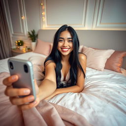 A young woman with long, flowing black hair, lying comfortably on a stylish bed adorned with soft, pastel-colored bedding