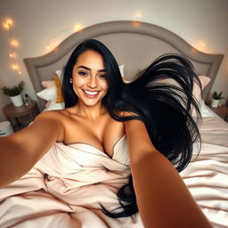 A young woman with long, flowing black hair, lying comfortably on a stylish bed adorned with soft, pastel-colored bedding
