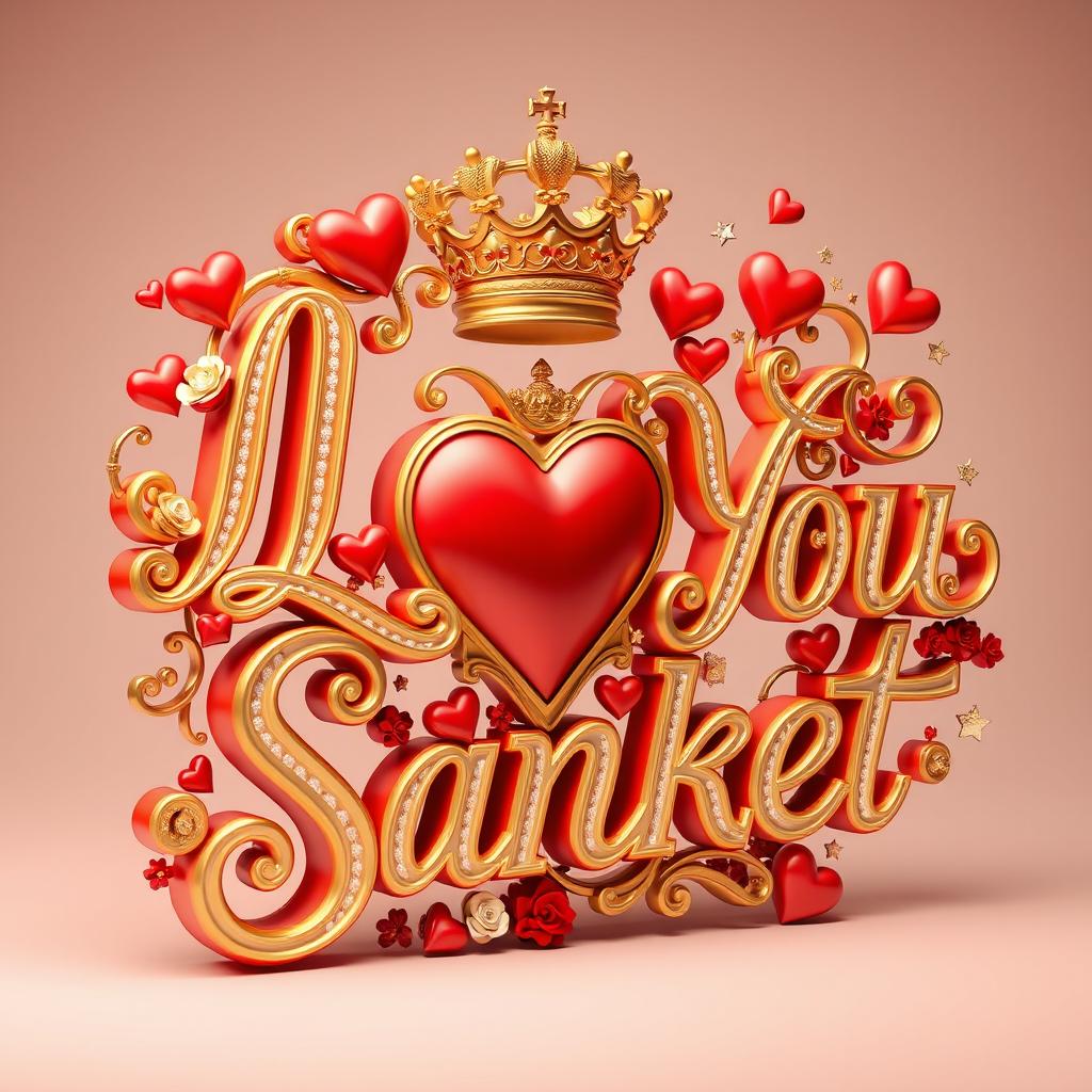 A visually stunning and enchanting 3D illustration featuring the words 'I Love You Sanket' in exquisite opulent gold-white red lettering