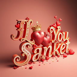 A visually stunning and enchanting 3D illustration featuring the words 'I Love You Sanket' in exquisite opulent gold-white red lettering
