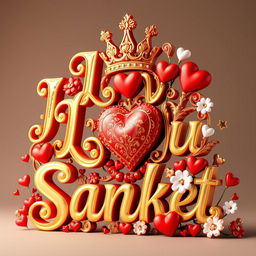 A visually stunning and enchanting 3D illustration featuring the words 'I Love You Sanket' in exquisite opulent gold-white red lettering