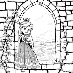 A whimsical medieval scene featuring a cheerful princess looking through the arched window at the top of a castle tower