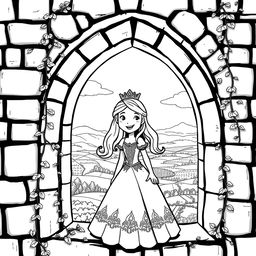 A whimsical medieval scene featuring a cheerful princess looking through the arched window at the top of a castle tower
