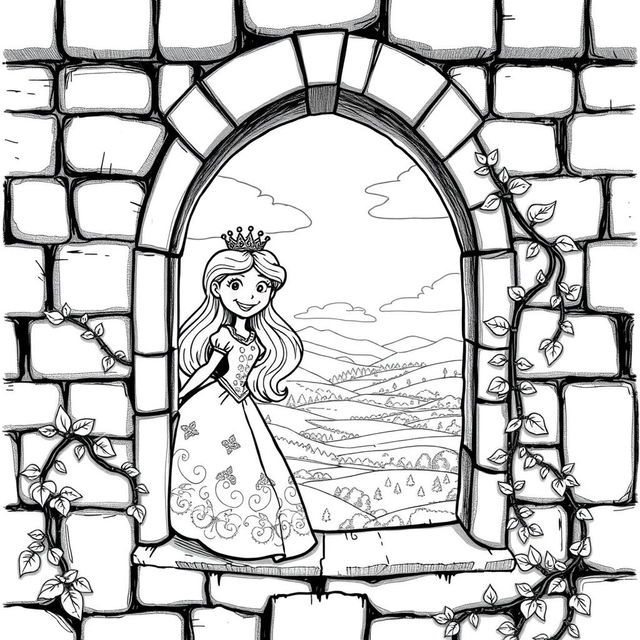 A whimsical medieval scene featuring a cheerful princess looking through the arched window at the top of a castle tower