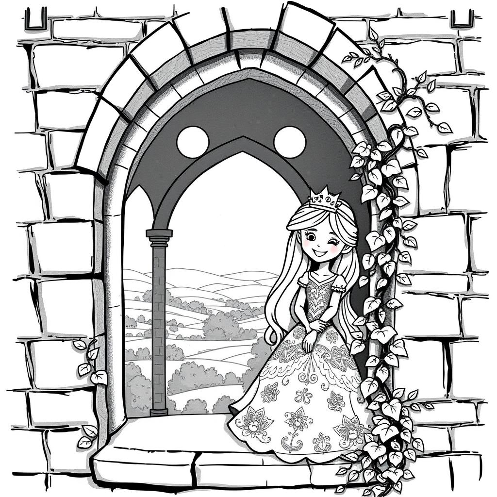 A whimsical medieval scene featuring a cheerful princess looking through the arched window at the top of a castle tower