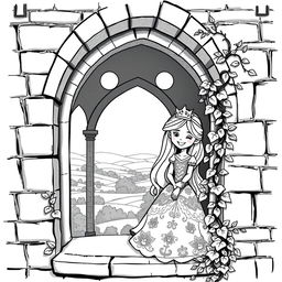 A whimsical medieval scene featuring a cheerful princess looking through the arched window at the top of a castle tower