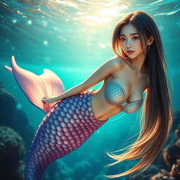 A beautiful and sexy mermaid with straight hair and an Asian face, captured in a wide full body shot