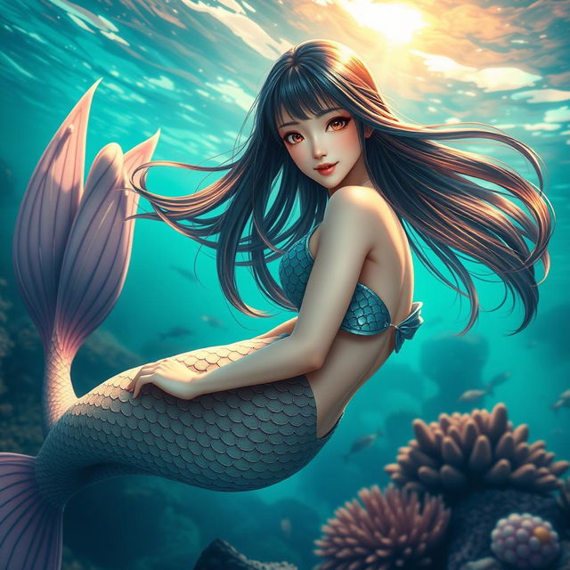 A beautiful and sexy mermaid with straight hair and an Asian face, captured in a wide full body shot