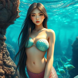 A beautiful and sexy mermaid with straight hair and an Asian face, captured in a wide full body shot