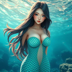 A beautiful and sexy mermaid with straight hair and an Asian face, captured in a wide full body shot