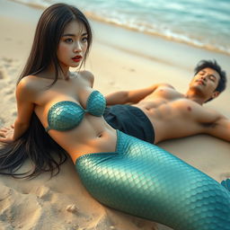 A beautiful and sexy mermaid with straight hair and Asian features, relaxing on the beach next to a man lying down