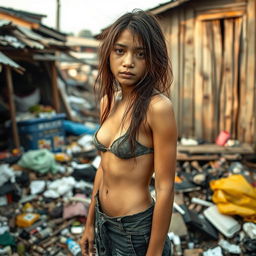 An 18-year-old homeless Thai girl with disheveled long hair and a sad expression, wearing tattered, old clothes