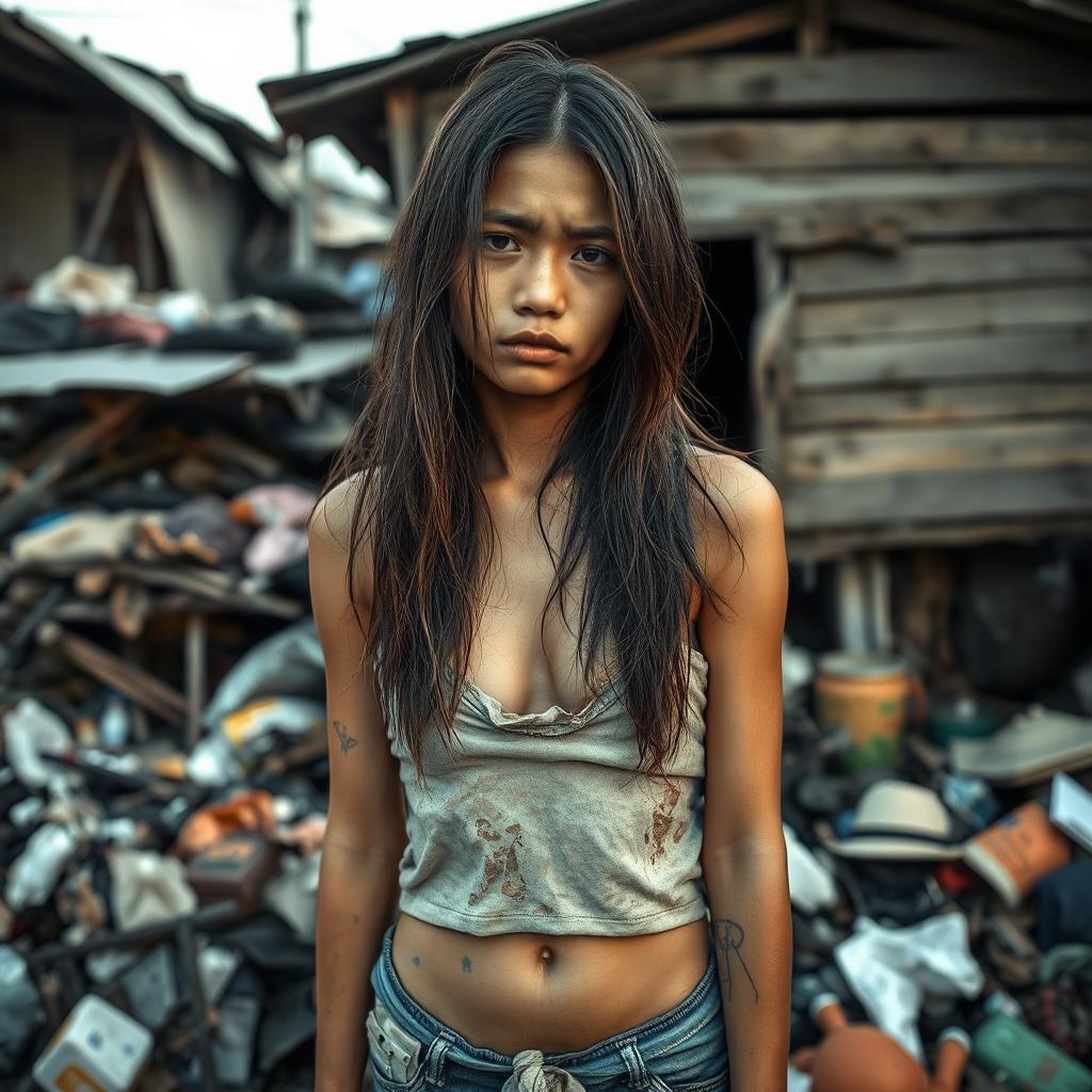 An 18-year-old homeless Thai girl with disheveled long hair and a sad expression, wearing tattered, old clothes