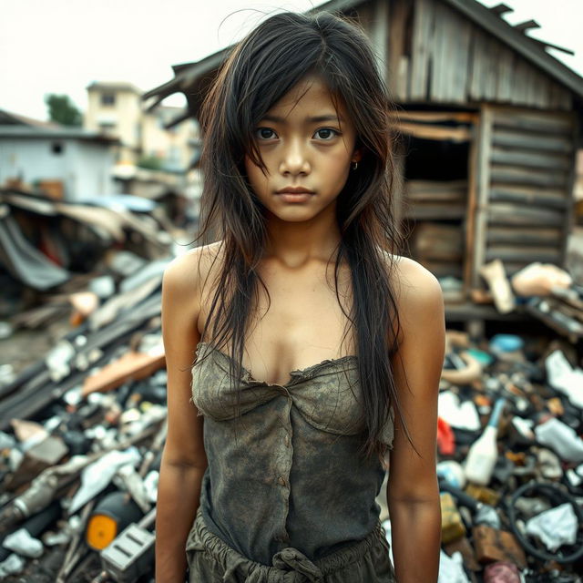 An 18-year-old homeless Thai girl with disheveled long hair and a sad expression, wearing tattered, old clothes