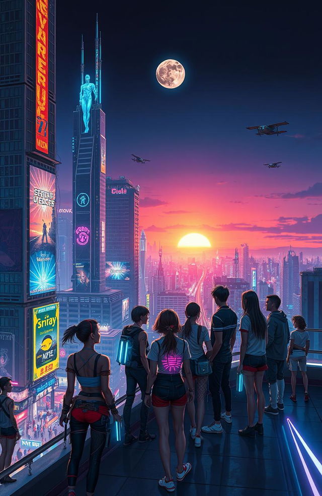 A vibrant and bustling cyberpunk cityscape with a diverse group of people on the roof of a tall building