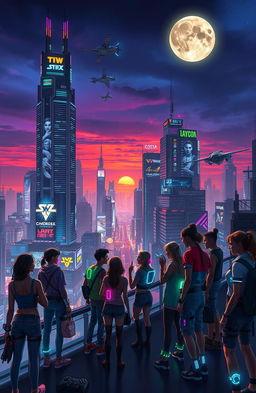 A vibrant and bustling cyberpunk cityscape with a diverse group of people on the roof of a tall building