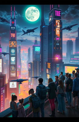 A vibrant and bustling cyberpunk cityscape with a diverse group of people on the roof of a tall building