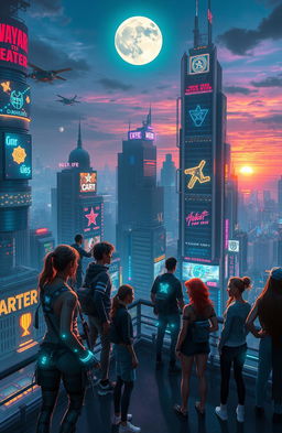 A vibrant and bustling cyberpunk cityscape with a diverse group of people on the roof of a tall building