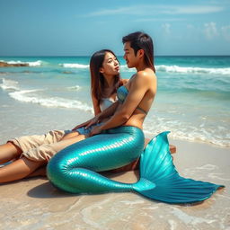 A beautiful and sexy mermaid with straight hair and an Asian face, positioned beside a man who is reclining at the beach