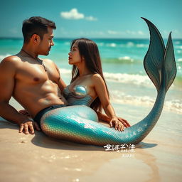 A beautiful and sexy mermaid with straight hair and an Asian face, positioned beside a man who is reclining at the beach